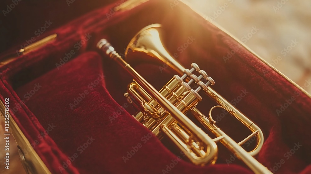 Obraz premium Golden trumpet in red velvet case outdoors, sunlit