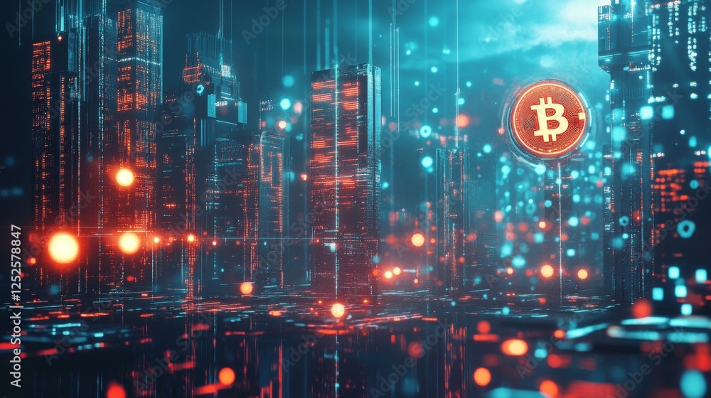 Obraz premium Virtual cryptocurrency market growth futuristic city digital artwork neon environment high-angle viewpoint blockchain revolution
