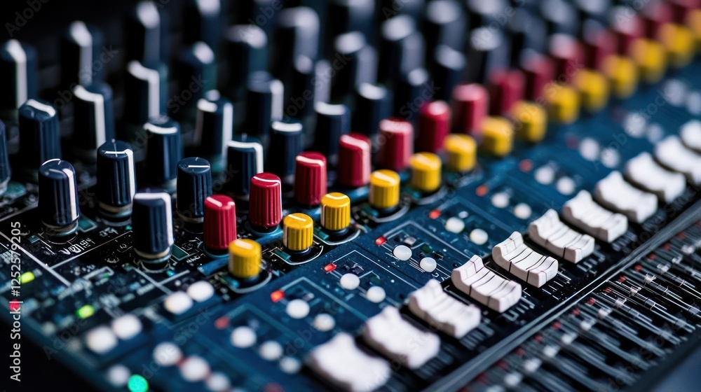 Close-Up of Audio Mixing Board with Knobs and Faders Close-Up of Audio Mixing Board with Knobs and Faders