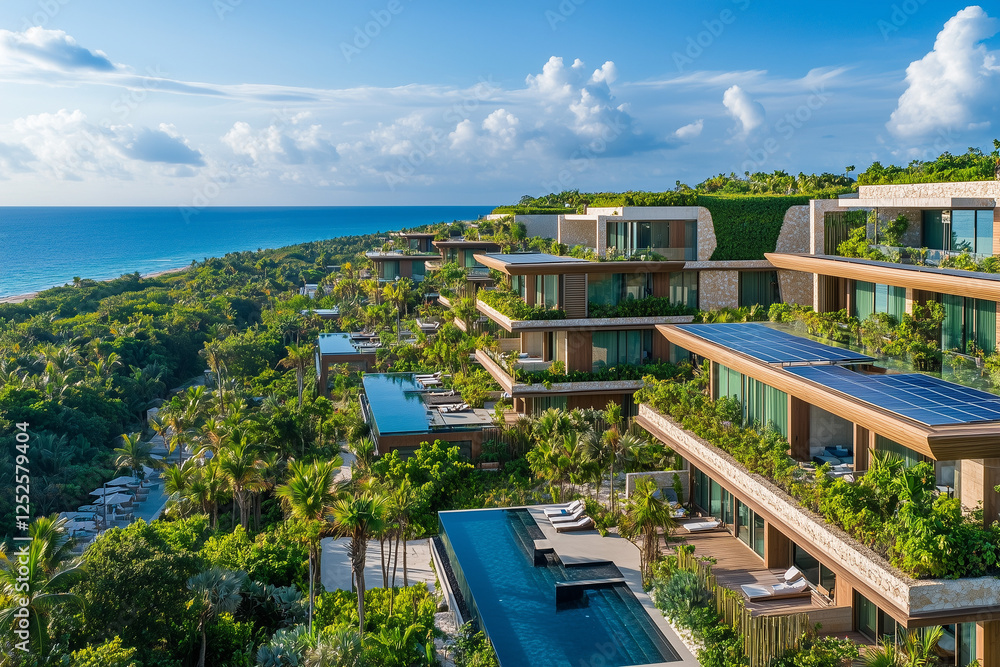 Fototapeta premium Exclusive eco-luxury condos with private gardens, offering sustainability combined with elegance and luxury.