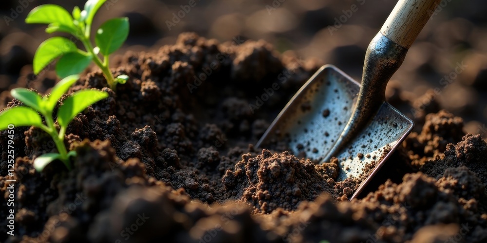 A Small Garden Trowel Gently Cultivating Rich Soil, Nurturing Delicate Seedlings in the Warm Sunlight A Small Garden Trowel Gently Cultivating Rich Soil, Nurturing Delicate Seedlings in the Warm Sunlight