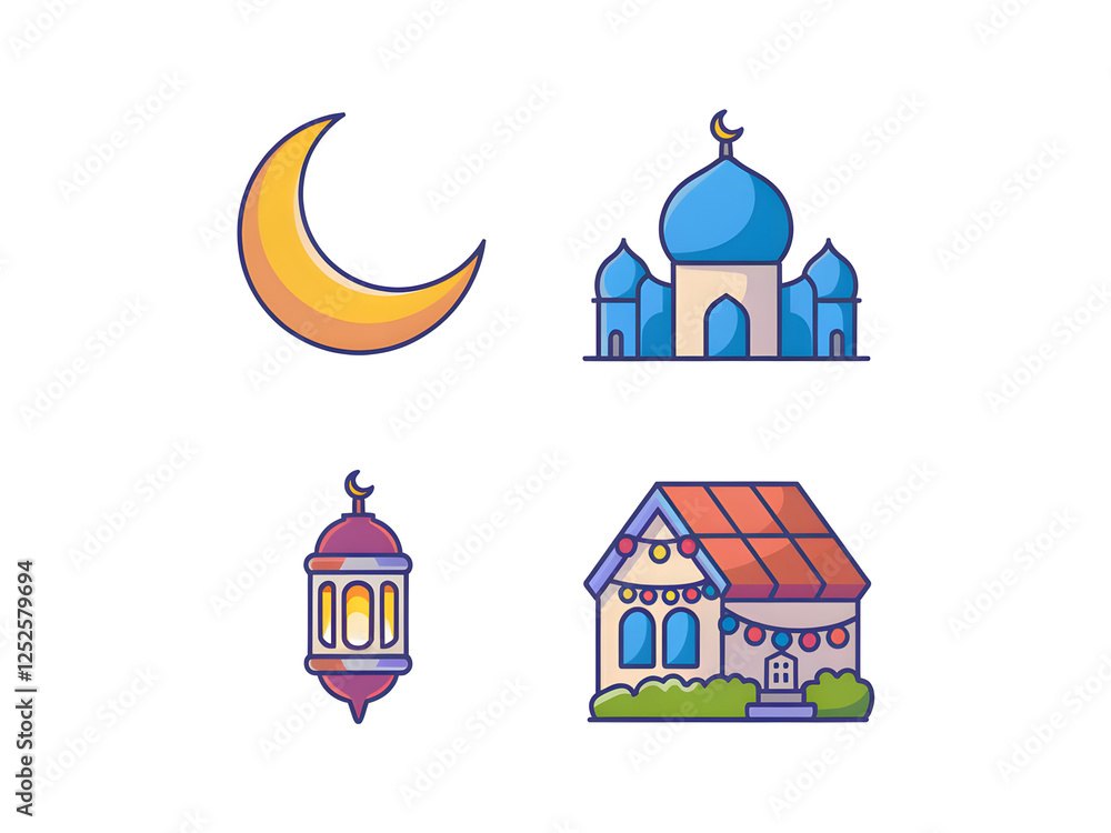 Fototapeta premium Islam Icon Set Mosque Cescent Moon Lantern