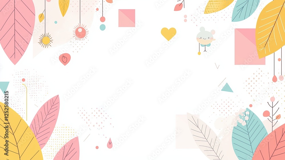 Fototapeta premium A vibrant, colorful background featuring playful leaves and geometric shapes, perfect for creative projects or invitations.