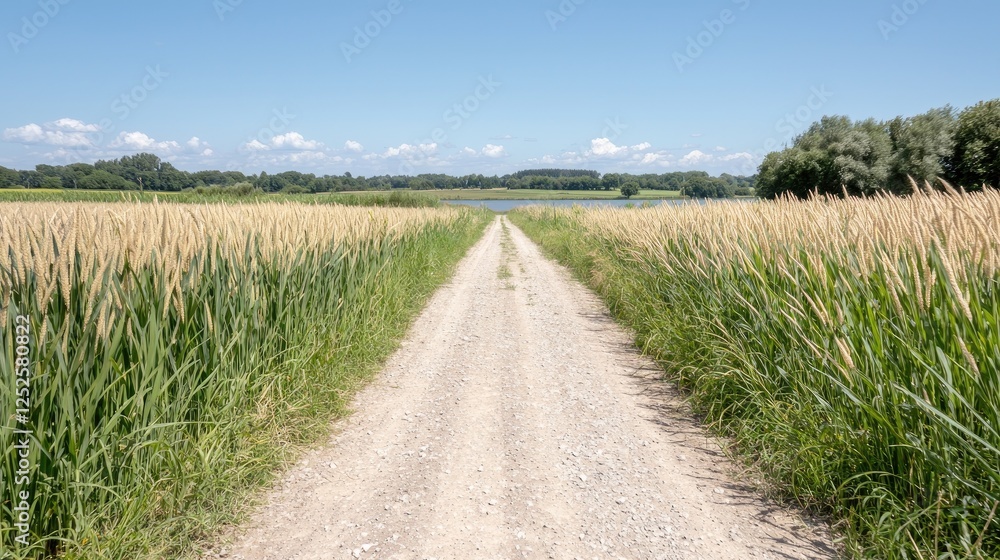 Countryside dirt road through tall grass, sunny day Countryside dirt road through tall grass, sunny day