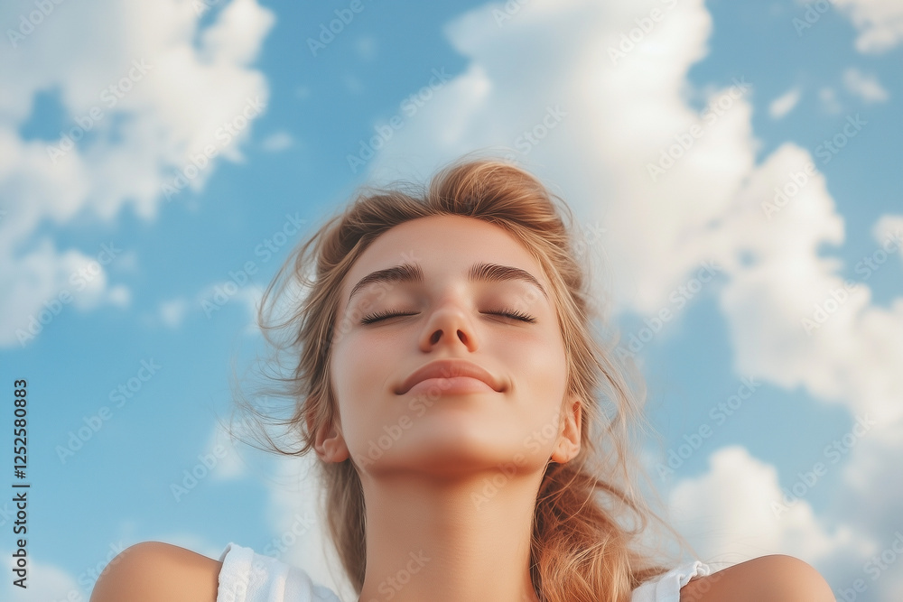 Woman with serene expression under a bright blue sky with clouds
Woman with serene expression under a bright blue sky with clouds