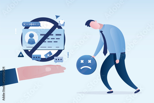 Blocked user or account in network. Restrictions, forbidden access. blocking disturbing and annoying accounts on social media. Sad user man.