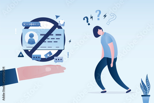 Blocked user or account in network. Restrictions, forbidden access. blocking disturbing and annoying accounts on social media. Sad woman user.