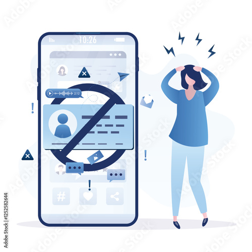 Blocked user or account in network. Restrictions, forbidden access. blocking disturbing and annoying accounts on social media. Unhappy woman user.