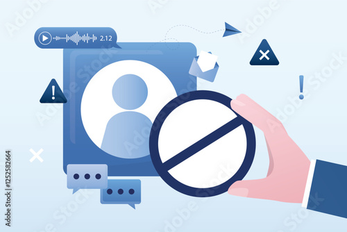 Blocked user or account in network. Restricted and prohibition forbidden access. blocking disturbing and annoying accounts on social media. Account profile in prohibition symbol.