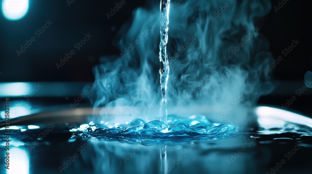 A stream of clear water pours into a pool, creating ripples and steam, set against a dark background illuminated by soft light. A stream of clear water pours into a pool, creating ripples and steam, set against a dark background illuminated by soft light.