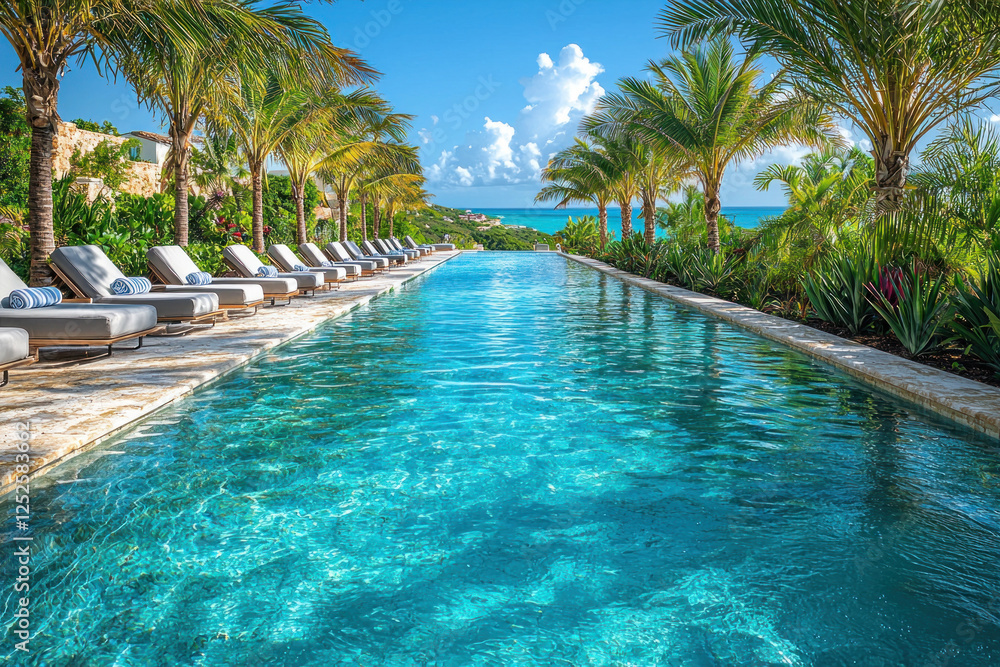 Tropical infinity pool overlooking ocean with lounge chairs, ideal for travel ads Tropical infinity pool overlooking ocean with lounge chairs, ideal for travel ads