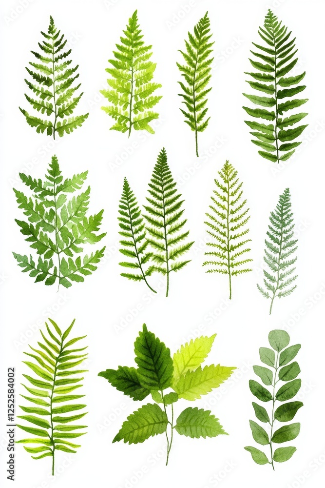 Studio-shot fern varieties, isolated, white background, design elements Studio-shot fern varieties, isolated, white background, design elements