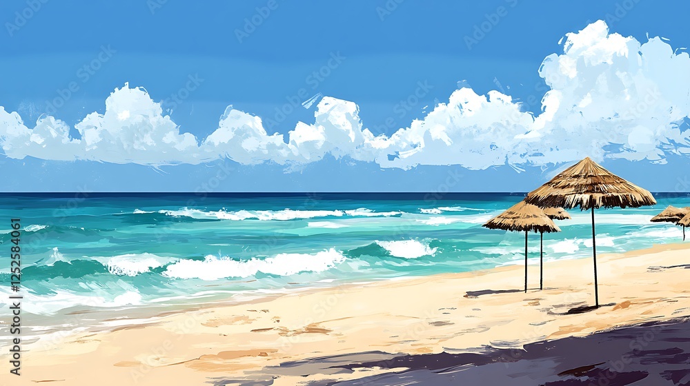 Fototapeta premium Serene Beach Scene With Straw Umbrellas Under Blue Sky