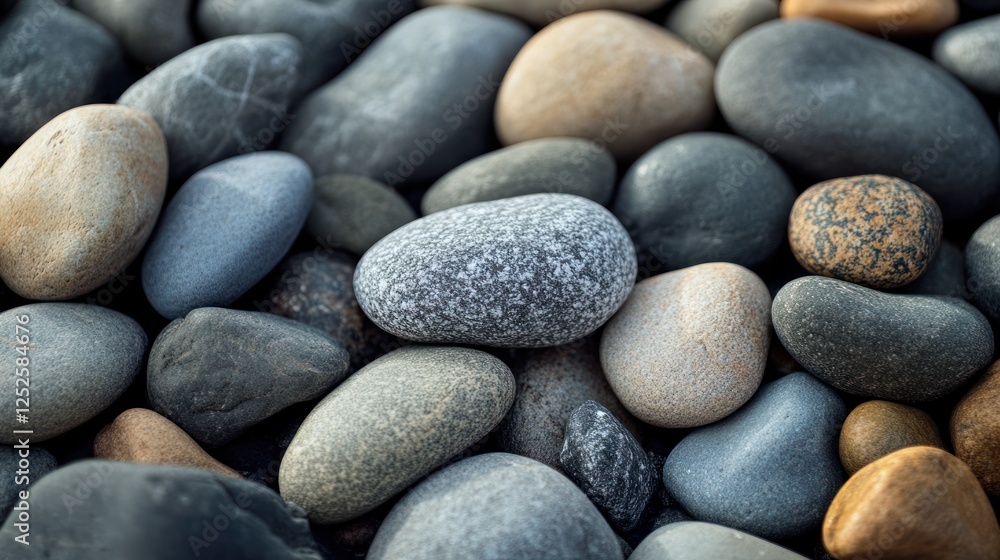 Smooth beach stones, close-up texture, ocean background, nature backdrop Smooth beach stones, close-up texture, ocean background, nature backdrop