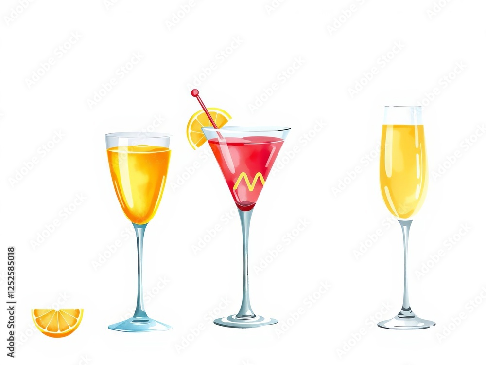 Hand drawn watercolor set of cocktails mimosa bellini champagne, illustration, cocktails, celebration Hand drawn watercolor set of cocktails mimosa bellini champagne, illustration, cocktails, celebration