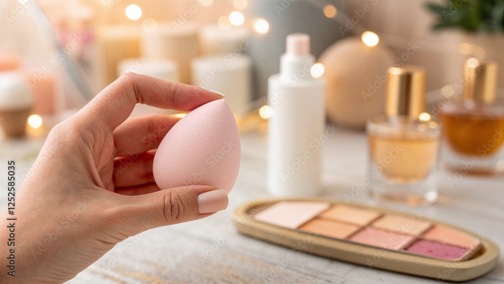 Beauty blender held in hand with cosmetics and candles in the background Beauty blender held in hand with cosmetics and candles in the background