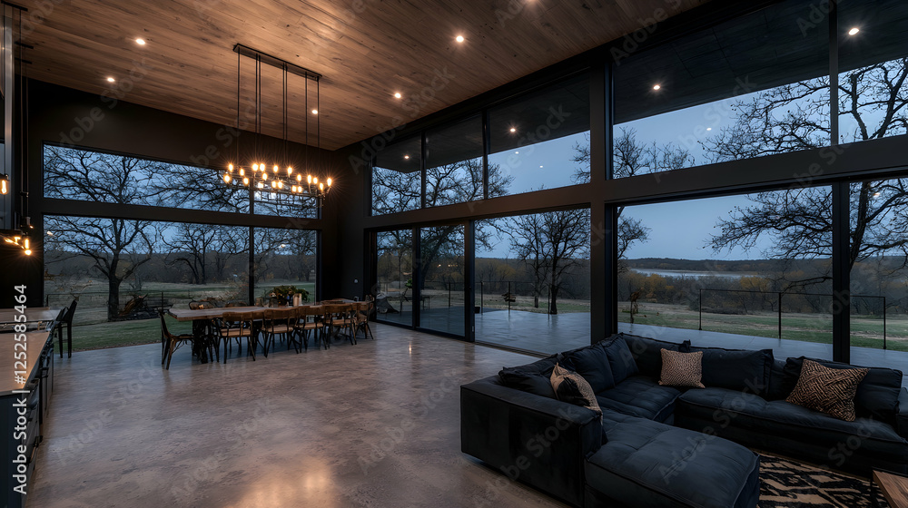 Modern home interior overlooking tranquil landscape Modern home interior overlooking tranquil landscape