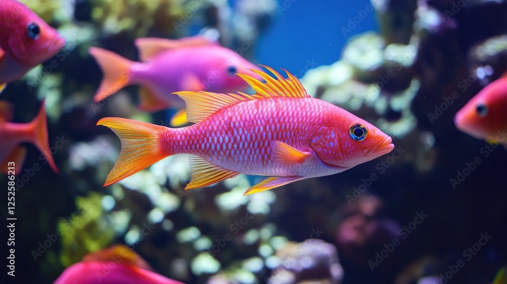 A group of vibrant pink fish swimming in harmony through a colorful coral reef, enhancing the dynamic beauty of an underwater paradise A group of vibrant pink fish swimming in harmony through a colorful coral reef, enhancing the dynamic beauty of an underwater paradise