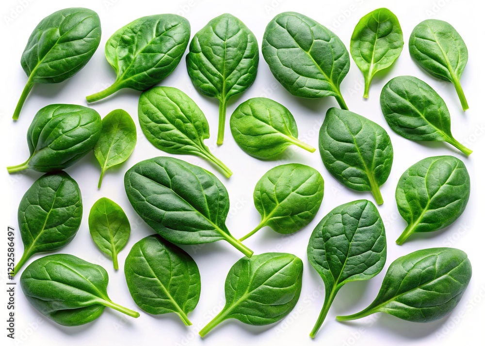 Fototapeta premium Baby Spinach Leaves: Macro Top View, Isolated White Background - Flat Lay Stock Photo
