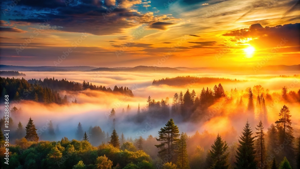 Fototapeta premium Captivating Sunset Misty Forest Panorama