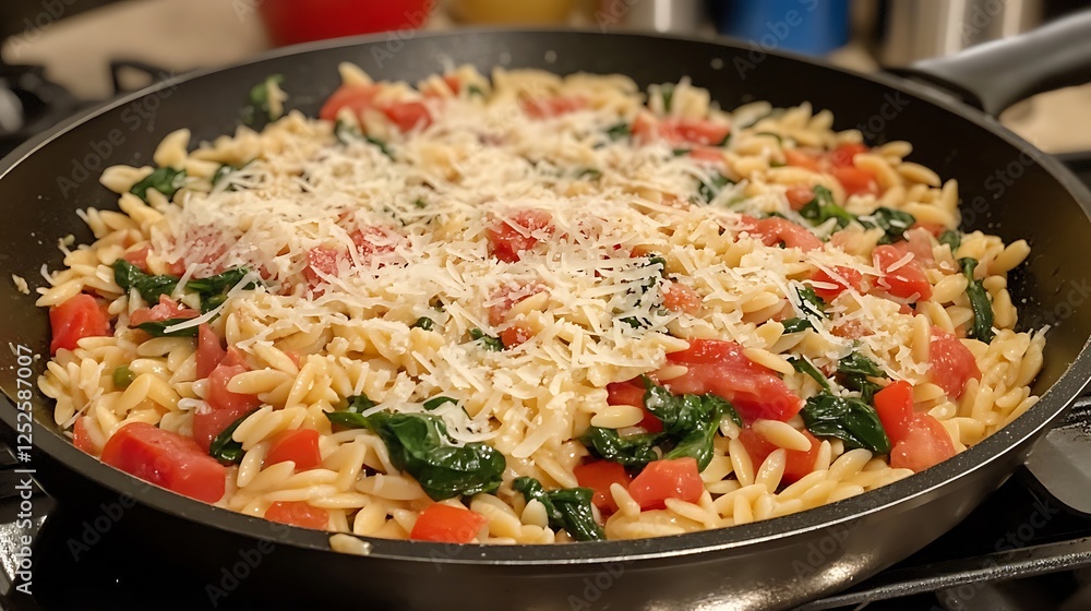 Skillet with parmesan cheese orzo tomato basil spinach and oregano Skillet with parmesan cheese orzo tomato basil spinach and oregano