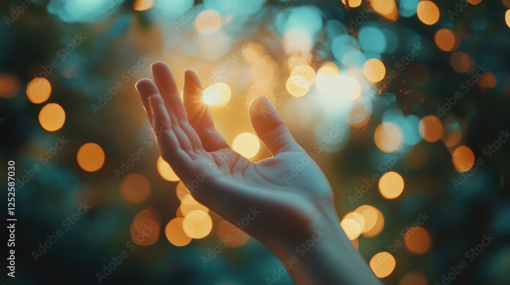 Obraz premium A hand raised with grace, positioned against a glowing, soft bokeh background, symbolizing serenity and a peaceful connection to the surrounding light