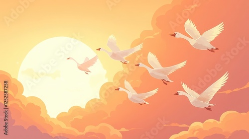 Five graceful white birds soar through a vibrant sunset sky, their silhouettes painted against the warm, orange hues. A serene and peaceful scene. photo