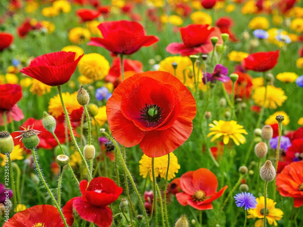 Colorful Tapestry of Springtime: A Symphony of Red Poppies and Golden Wildflowers