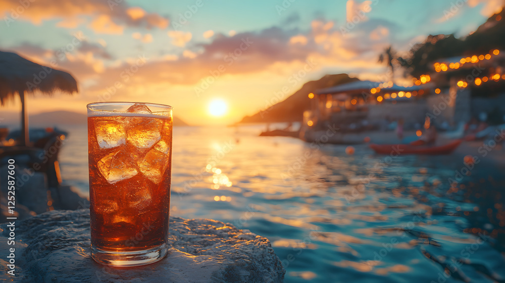 A refreshing drink sits on a stone by the water, illuminated by a vibrant sunset, creating a serene tropical atmosphere A refreshing drink sits on a stone by the water, illuminated by a vibrant sunset, creating a serene tropical atmosphere