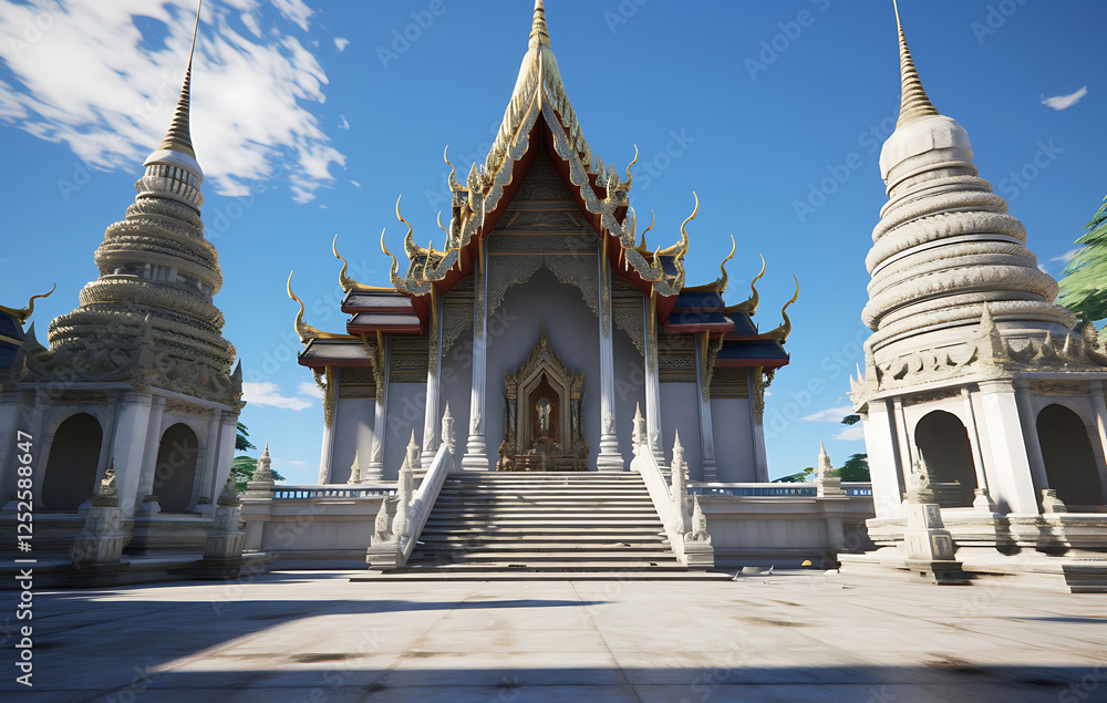 Fototapeta premium Thai Temple Architecture An intricately detailed and ornate Thai temple, showcasing the beauty of traditional architecture