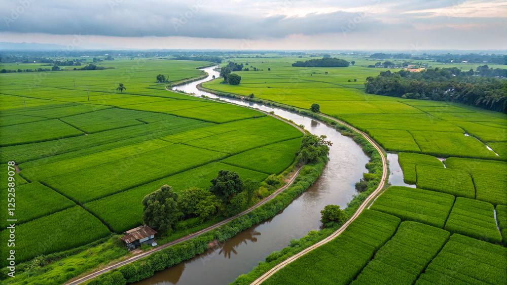 Bird’s Eye View of a River Through Verdant Rice Paddy Fields Bird’s Eye View of a River Through Verdant Rice Paddy Fields