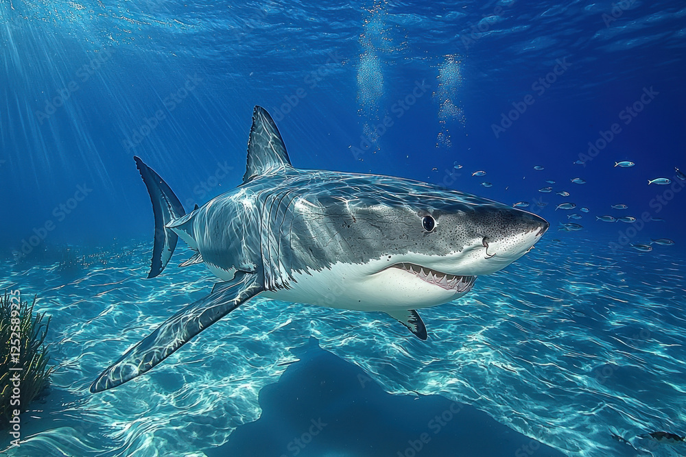 Fototapeta premium Great white shark swims in clear blue ocean with sun rays and small fish