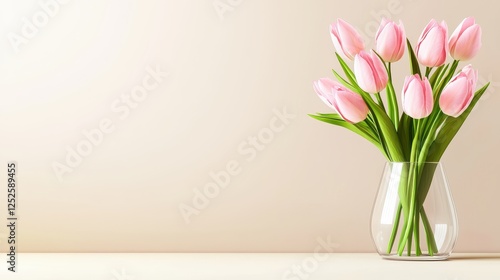 A bouquet of pink tulips arranged in a simple glass vase, set on a neutral background.