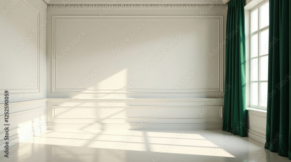 Obraz premium Elegant Room Interior with Sunlight Streaming Through Emerald Curtains and White Walls