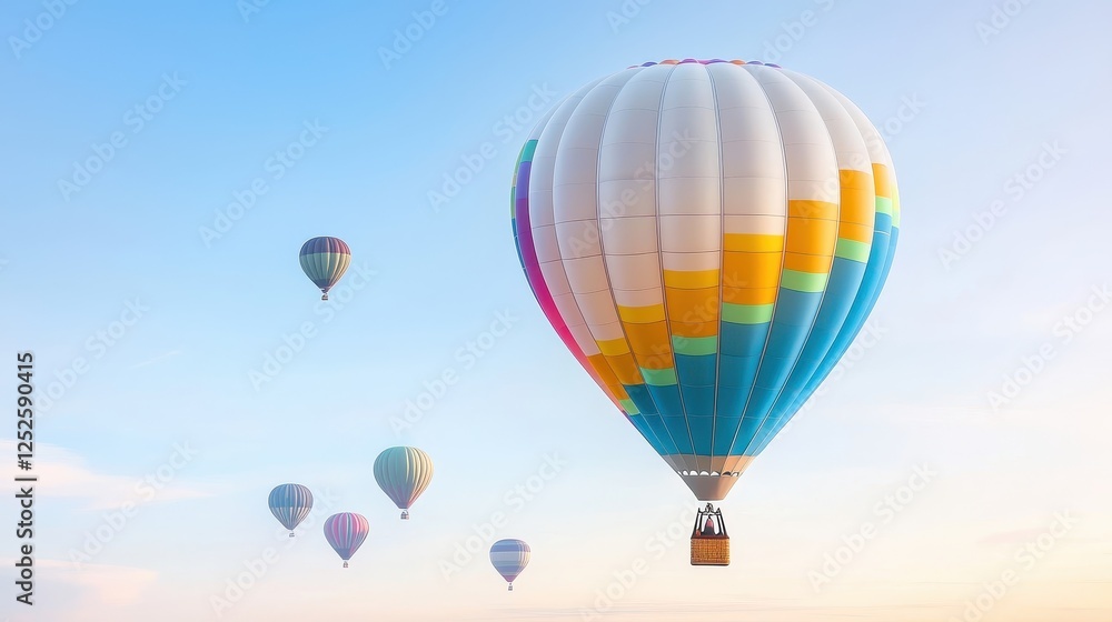 Naklejka premium A colorful hot air balloon lifting off into a clear sky with other balloons in the background.