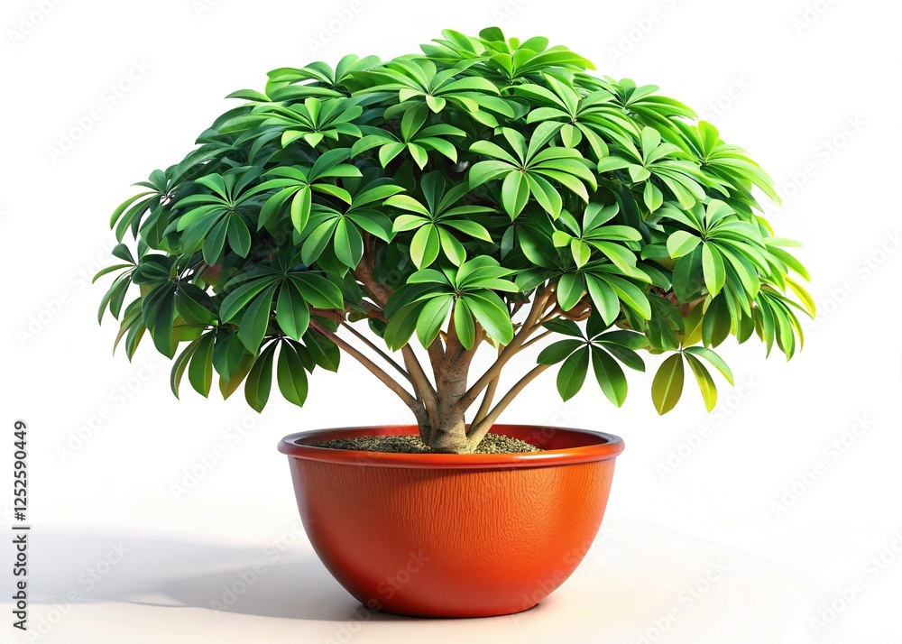 Fototapeta premium Lush Dwarf Umbrella Tree Thriving in Potted Cultivation - High-Resolution Stock Photo
