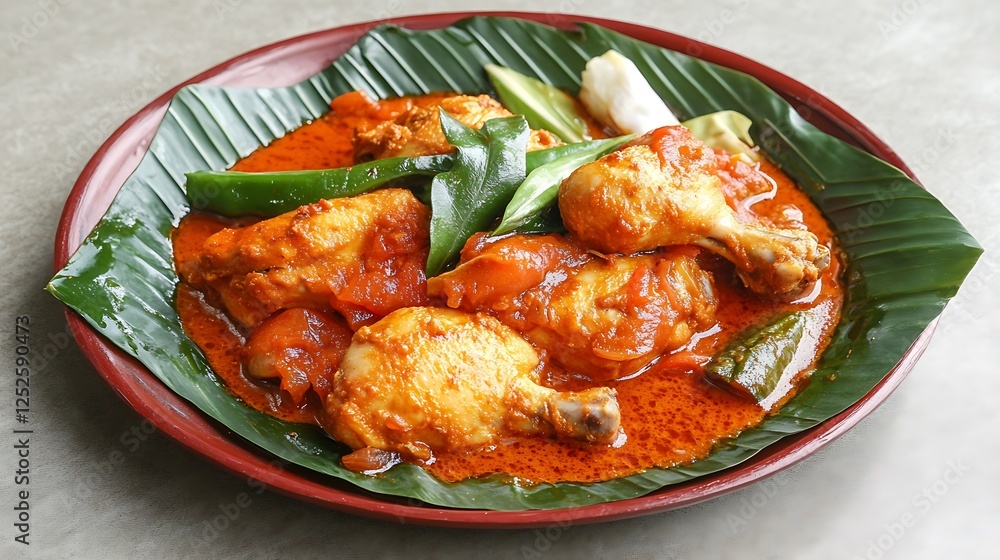 Spicy curry chicken served in dish isolated on table top view of singapore food Spicy curry chicken served in dish isolated on table top view of singapore food