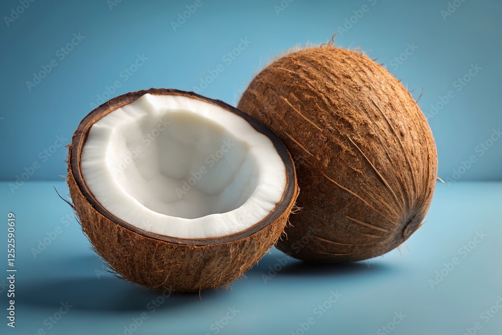 Macro Photography of a Halved Coconut, Showing Textured Shell and White Flesh Macro Photography of a Halved Coconut, Showing Textured Shell and White Flesh