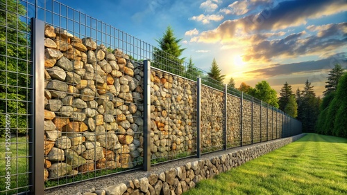 Macro Detail of Gabion Wire Mesh Interlocking, Close-up Texture of Stone-Filled Gabion Fence