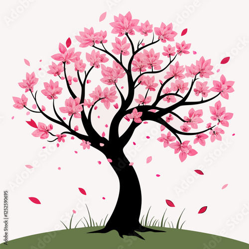 A blooming cherry blossom tree with scattered petals in silhouette.