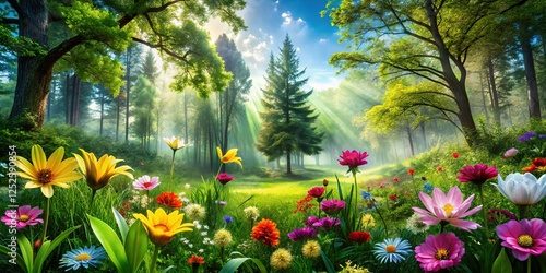 Majestic Double Exposure of Blooming Flowers and Serene Grass Field