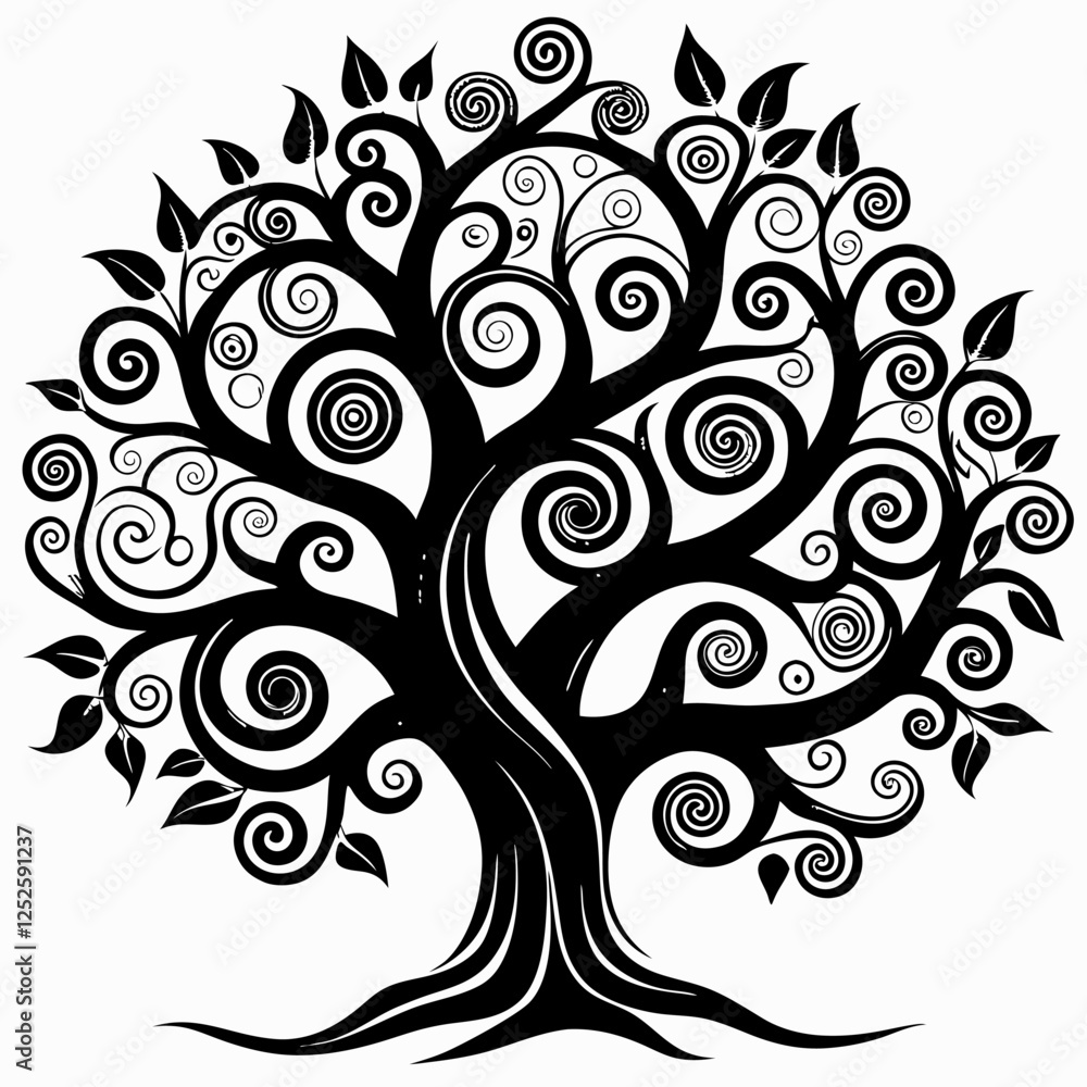 A magical tree with swirling, spiral branches in black and white. A magical tree with swirling, spiral branches in black and white.