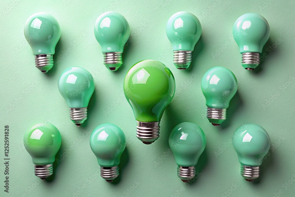 Pastel Green Minimalist Background with Glowing Green Light Bulbs - Top View Stock Photo Pastel Green Minimalist Background with Glowing Green Light Bulbs - Top View Stock Photo