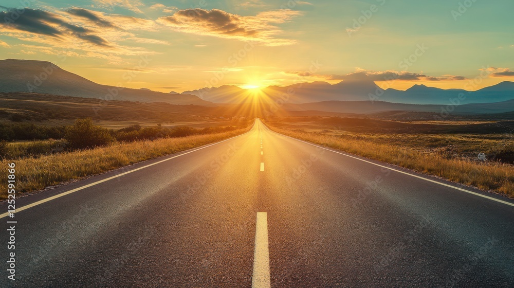 Fototapeta premium Open road sunset; journey, mountains, adventure, hope