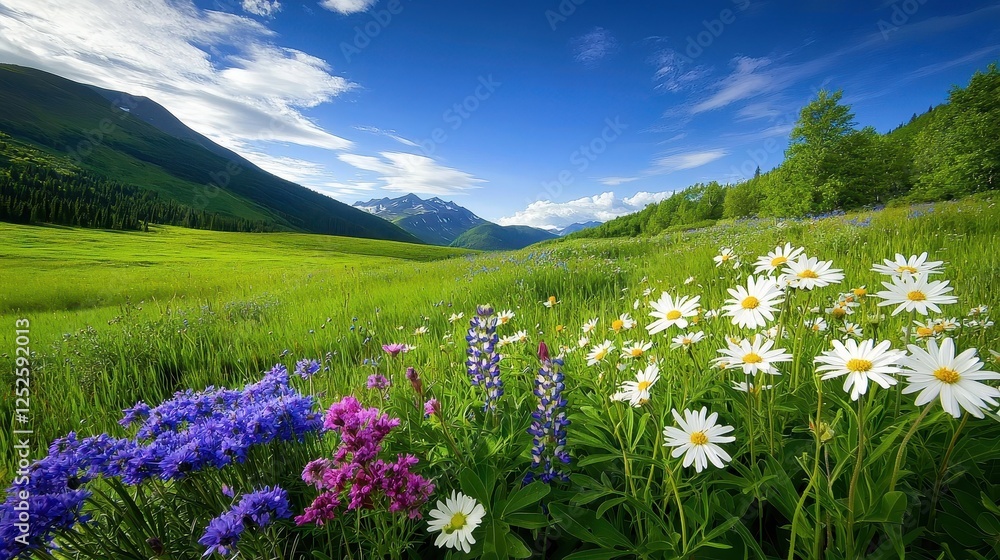 Fototapeta premium A meadow filled with colorful wildflowers in full bloom, surrounded by lush green grass and gentle hills.