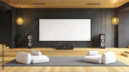 A minimalist home theater setup with a large screen, cozy seating, and surround sound speakers.