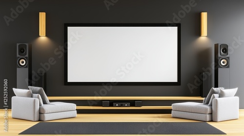 A minimalist home theater setup with a large screen, cozy seating, and surround sound speakers.