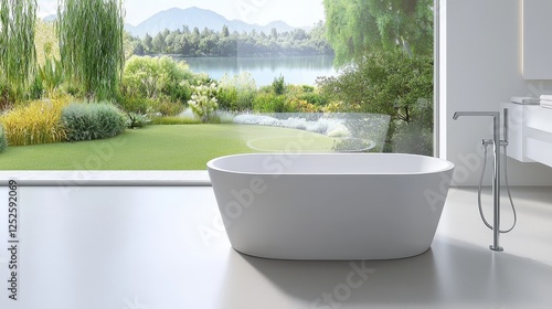 A minimalist bathroom with a freestanding tub and a large window overlooking a serene garden.
