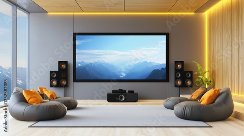 A minimalist home theater setup with a large screen, cozy seating, and surround sound speakers.