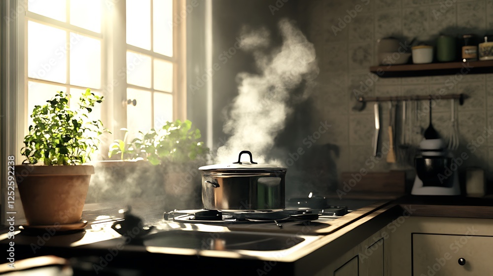 Steaming saucepan in the kitchen Steaming saucepan in the kitchen